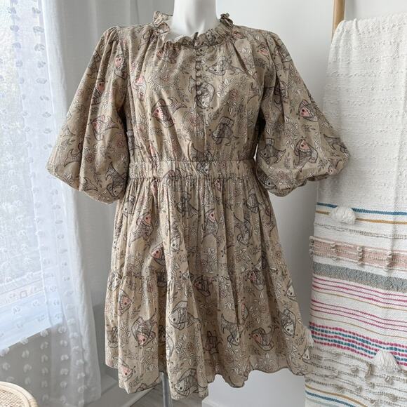 Let Me Be Anthropologie Celeste Fish Print Peasant Puff Sleeves Mini Dress 14 - Picture 4 of 14